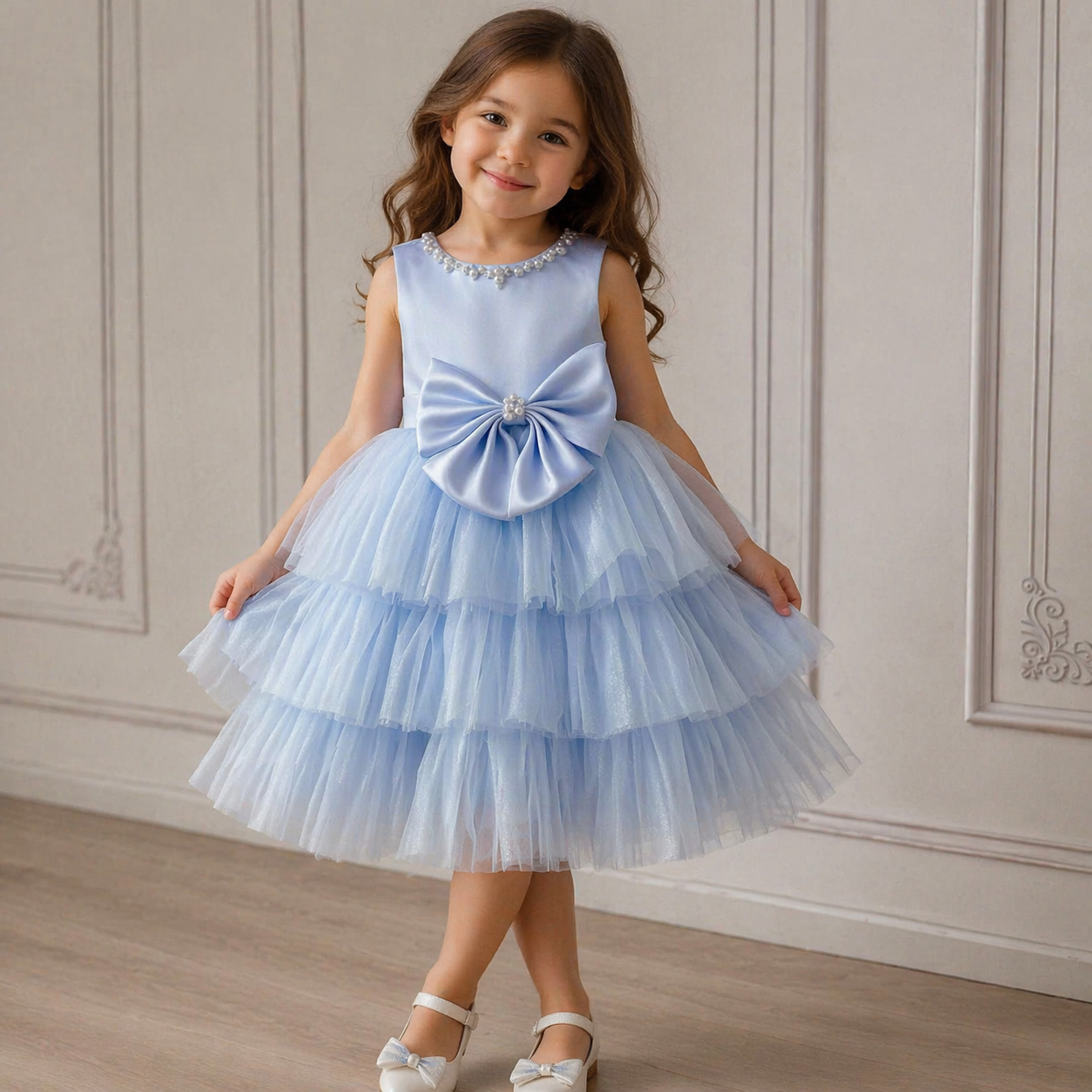 Abito da Cerimonia Bimba Azzurro con Fiocco e Gonna a Balze