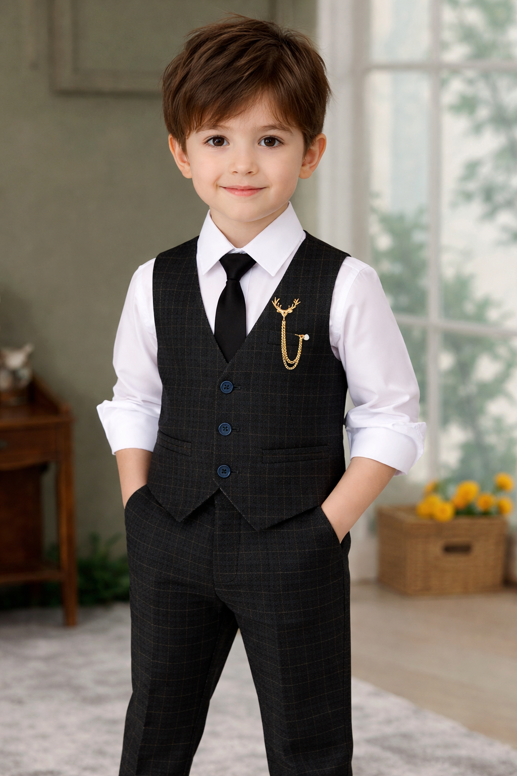Completo Bimbo 3 Pezzi Elegante – Gilet e Pantaloni Check Neri con Cravatta