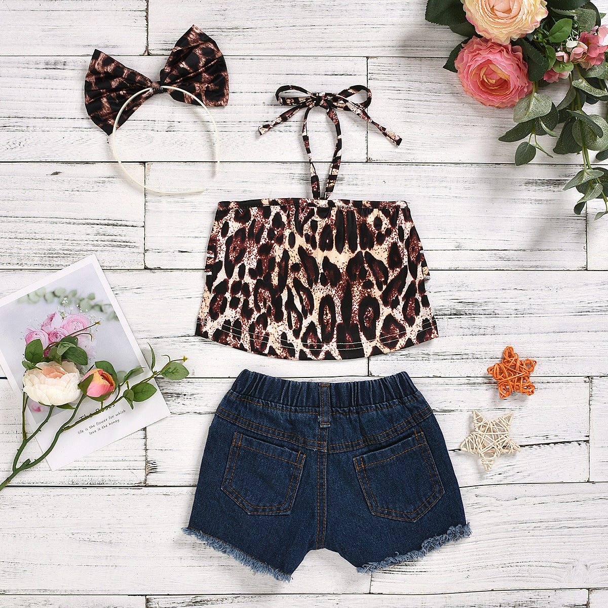 Completo estivo bambina 3 pezzi   Animalier, paillettes e denim