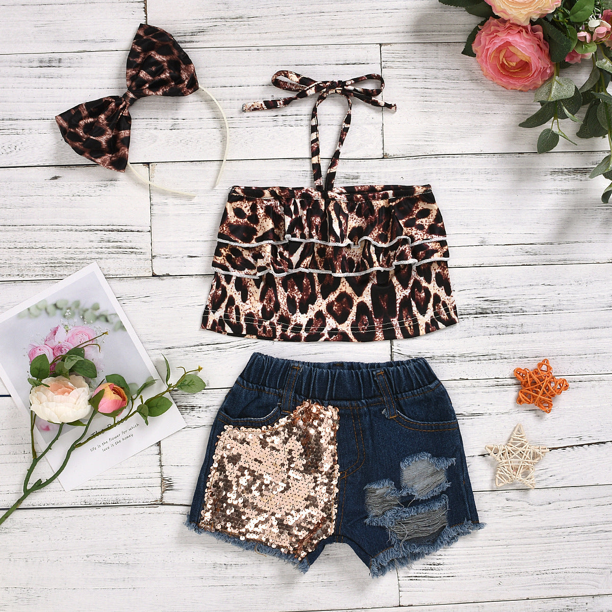 Completo estivo bambina 3 pezzi   Animalier, paillettes e denim