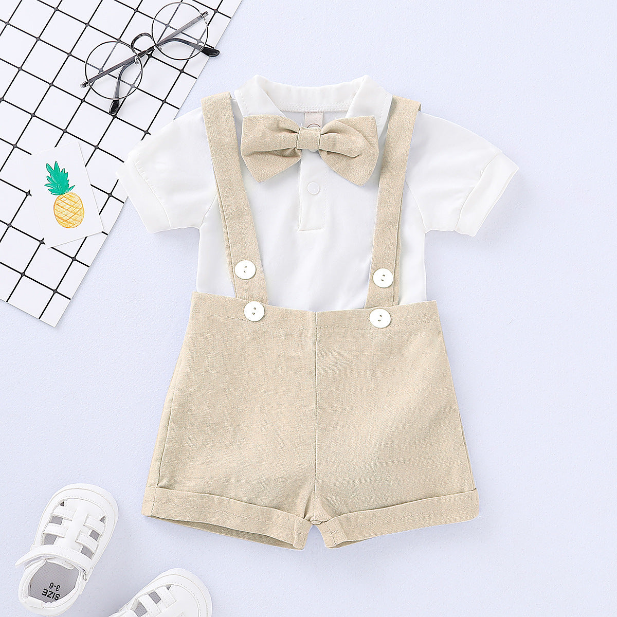 Completo Elegante Estivo per Neonato – Camicia, Bretelle e Papillon
