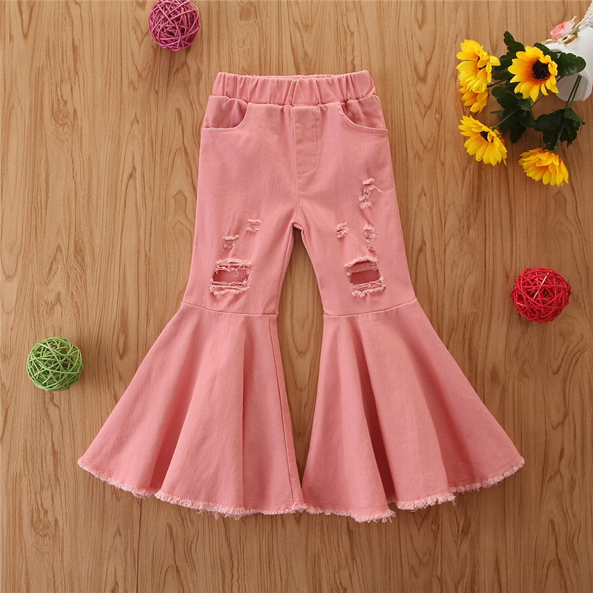Jeans Bambina Rosa a Zampa con Strappi e Fondo Sfrangiato