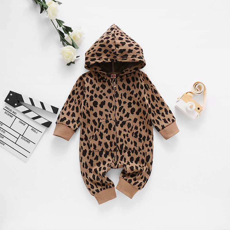 Tutina Neonato/ Bimbo con Cappuccio e Stampa Animalier Primavera-Autunno