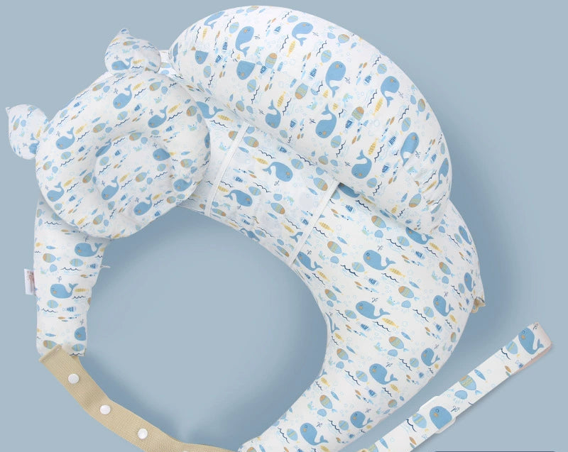 Cuscino Allattamento Ergonomico con Spallacci – Supporto Neonato Antirigurgito- Animali marini Azzurro