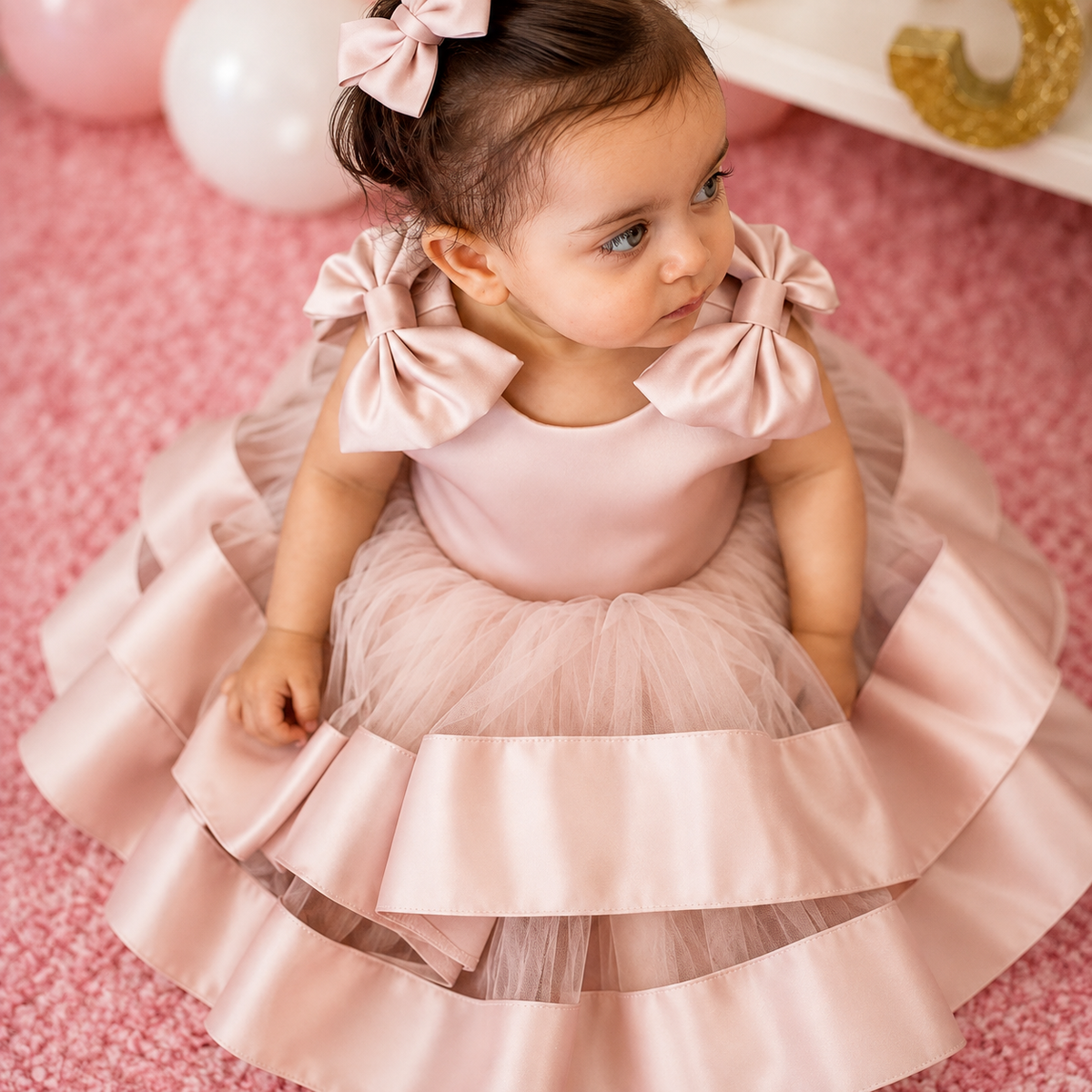 Abito Cerimonia Bambina in Tulle con Fiocchi e Perline