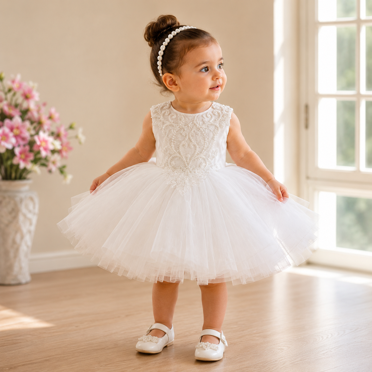 Abito da Cerimonia Bambina Bianco con Tulle e Ricami