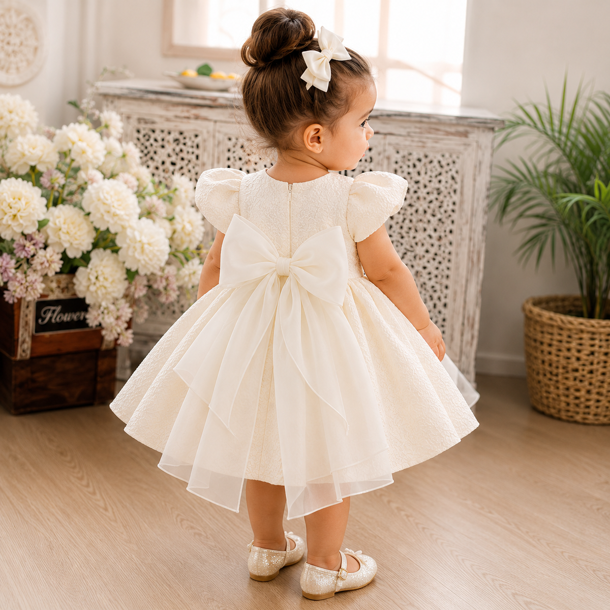 Abito Elegante Bambina in Pizzo Avorio con Fiocco in Organza