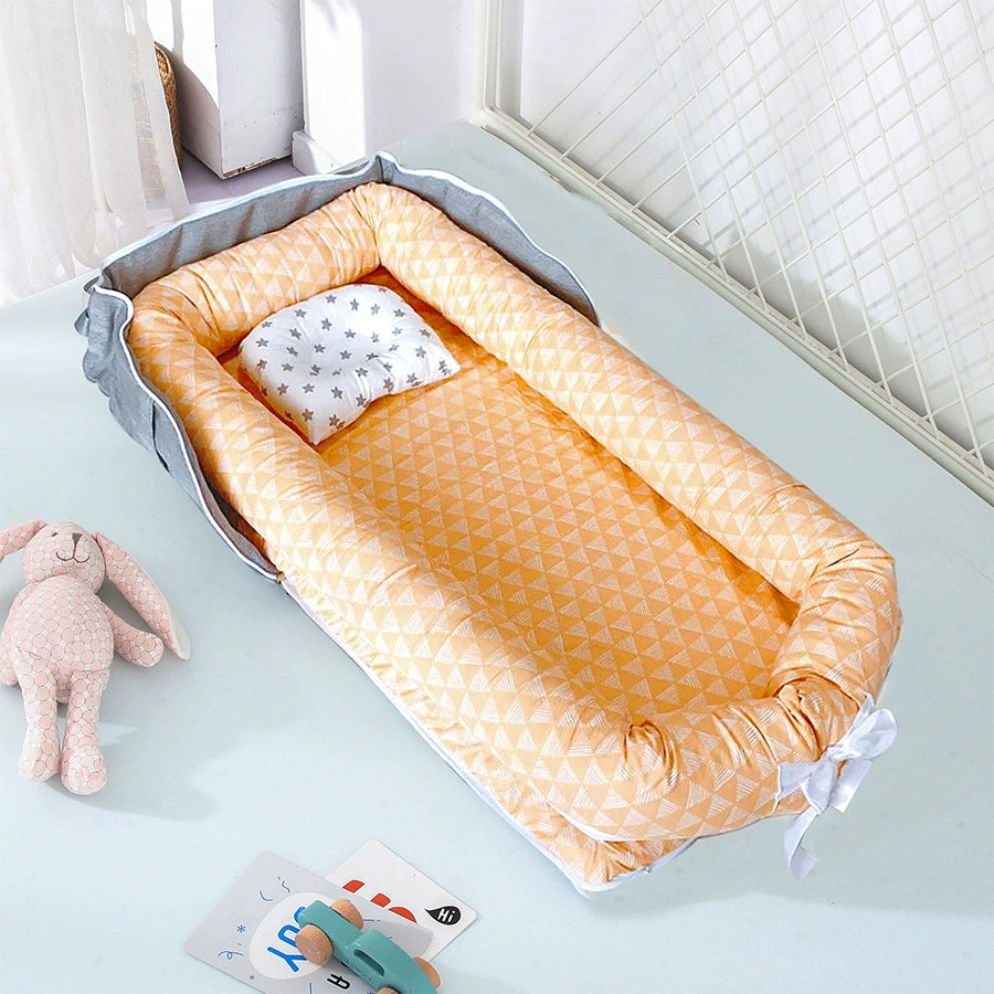 Nido - Culla Grigio-Giallo  Portatile Neonato/a in Cotone con Cuscino