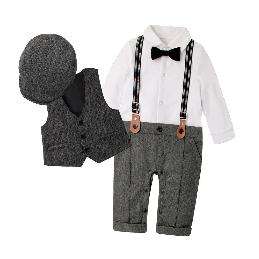 Completo Neonato Elegante 4 Pezzi  Camicia, Gilet, Pantaloni con Bretelle e Coppola in Stile Vintage