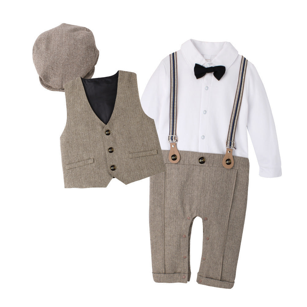 Completo Neonato Elegante 4 Pezzi  Camicia, Gilet, Pantaloni con Bretelle e Coppola in Stile Vintage