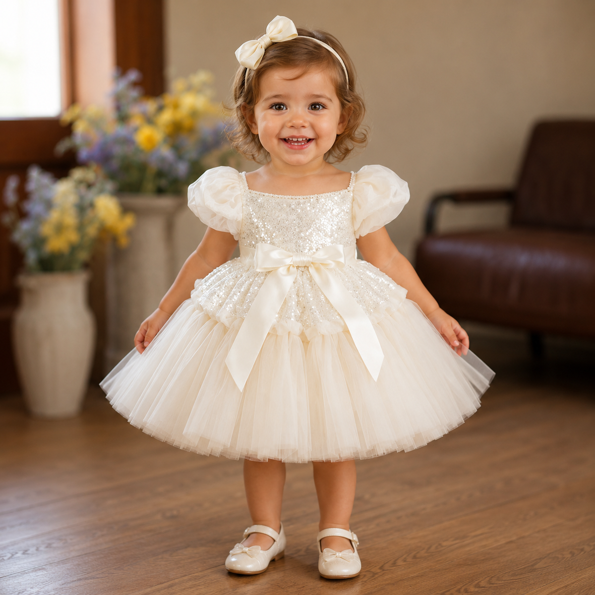 Abito Cerimonia Bambina Avorio in Tulle e Lustrini con Fiocco in Raso