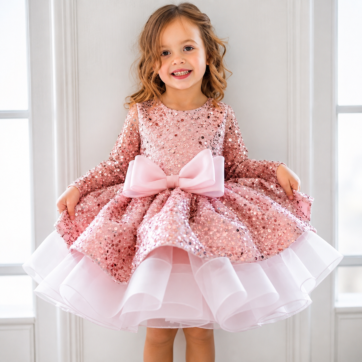 Abito da Cerimonia Bambina - Rosa con Paillettes, Fiocco e Gonna in Tulle
