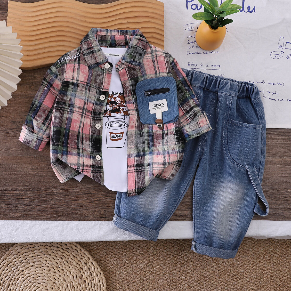 Set 3 pz bimbo, camicia, jeans e maglietta