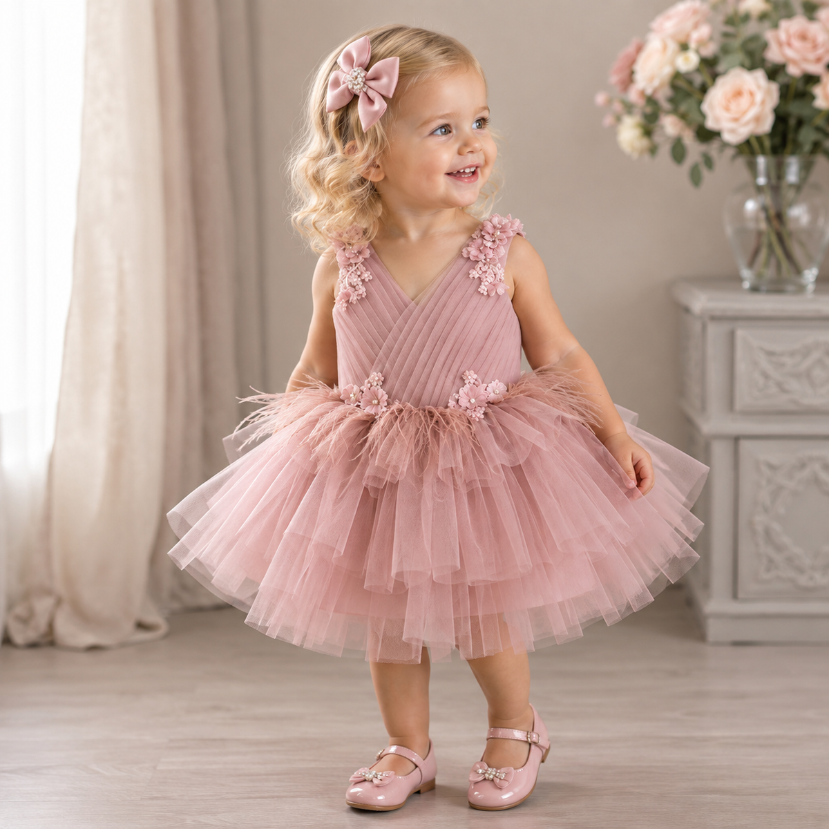 Abito da Cerimonia Bambina in Tulle con Fiocco e Applicazioni Floreali