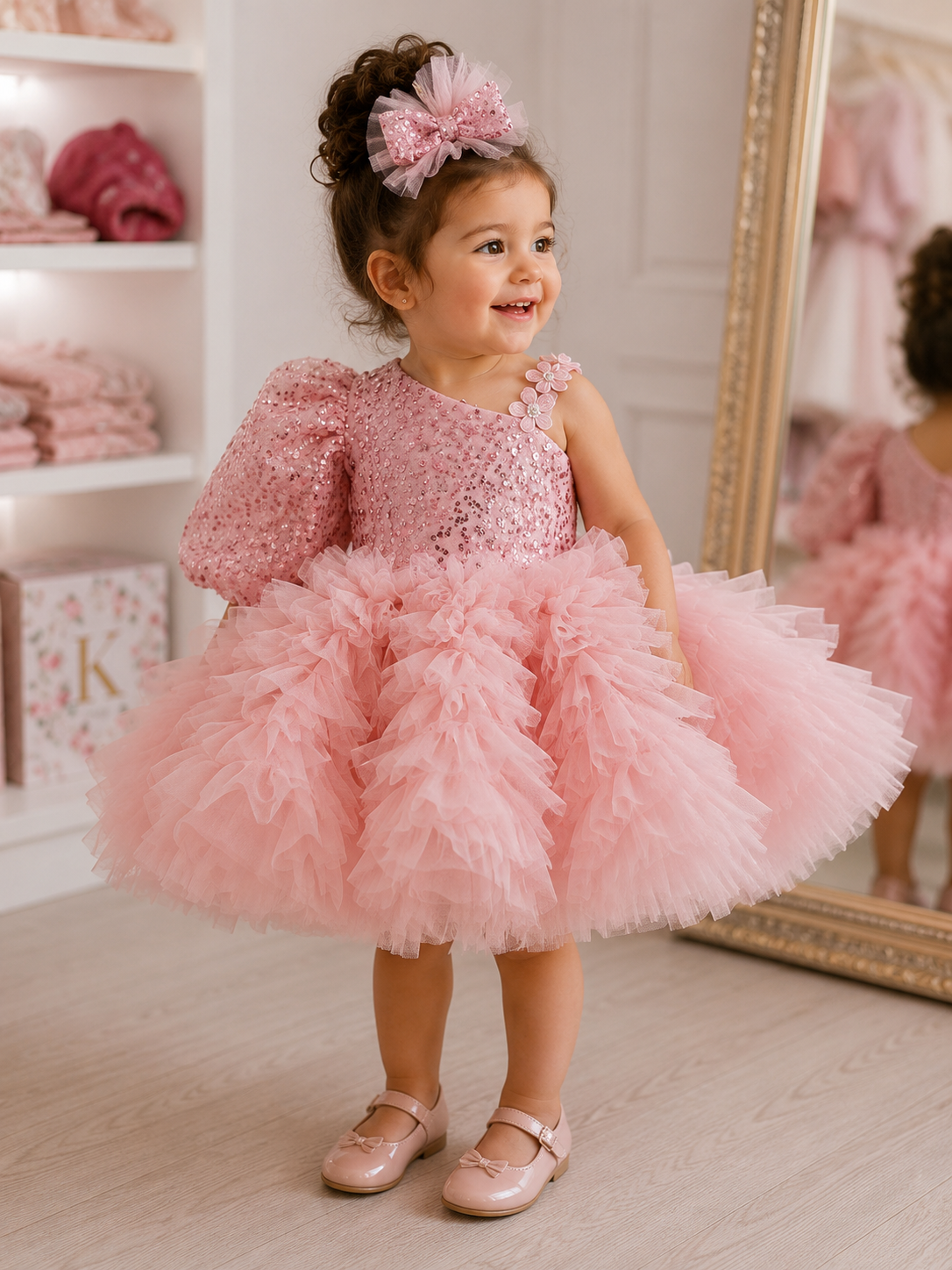 Abito da Cerimonia Bambina - Rosa con Paillettes, Tulle Vaporoso e Fiocco Coordinato