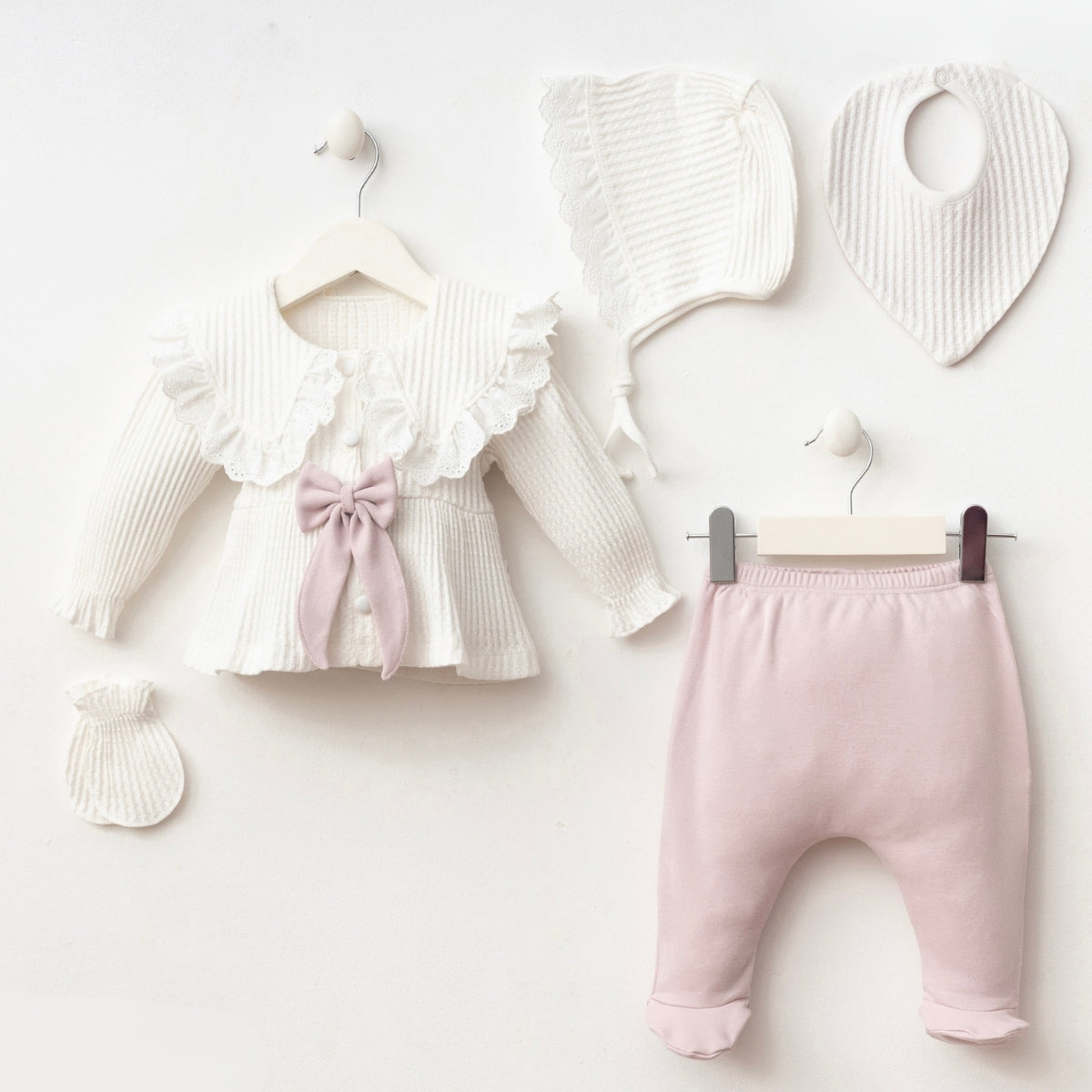 Set 5 Pezzi Neonata Elegante in Maglia  Rosa Cipria e Prugna