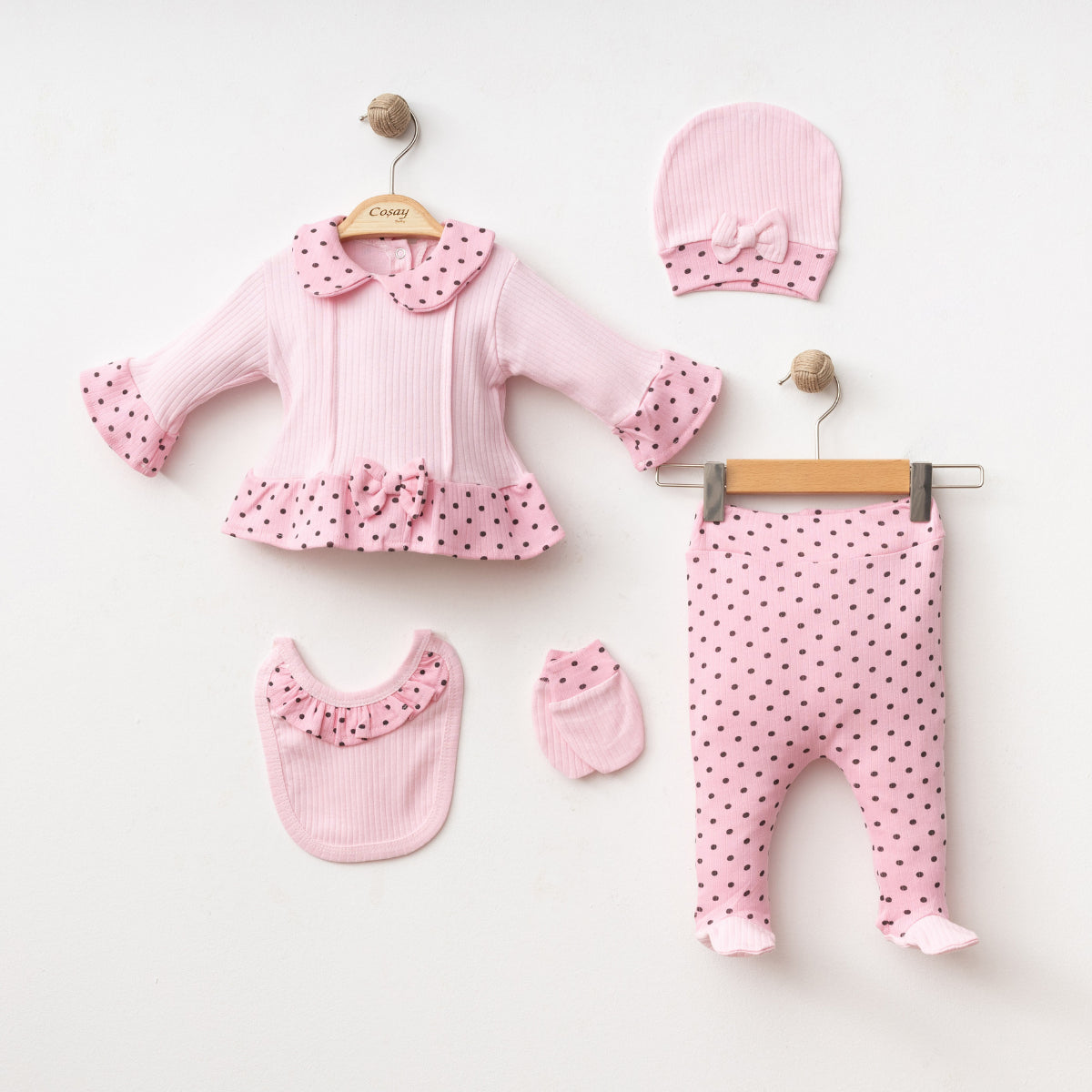 Set Neonata/ Bimba a Pois Elegante 5 Pezzi salmone in Cotone