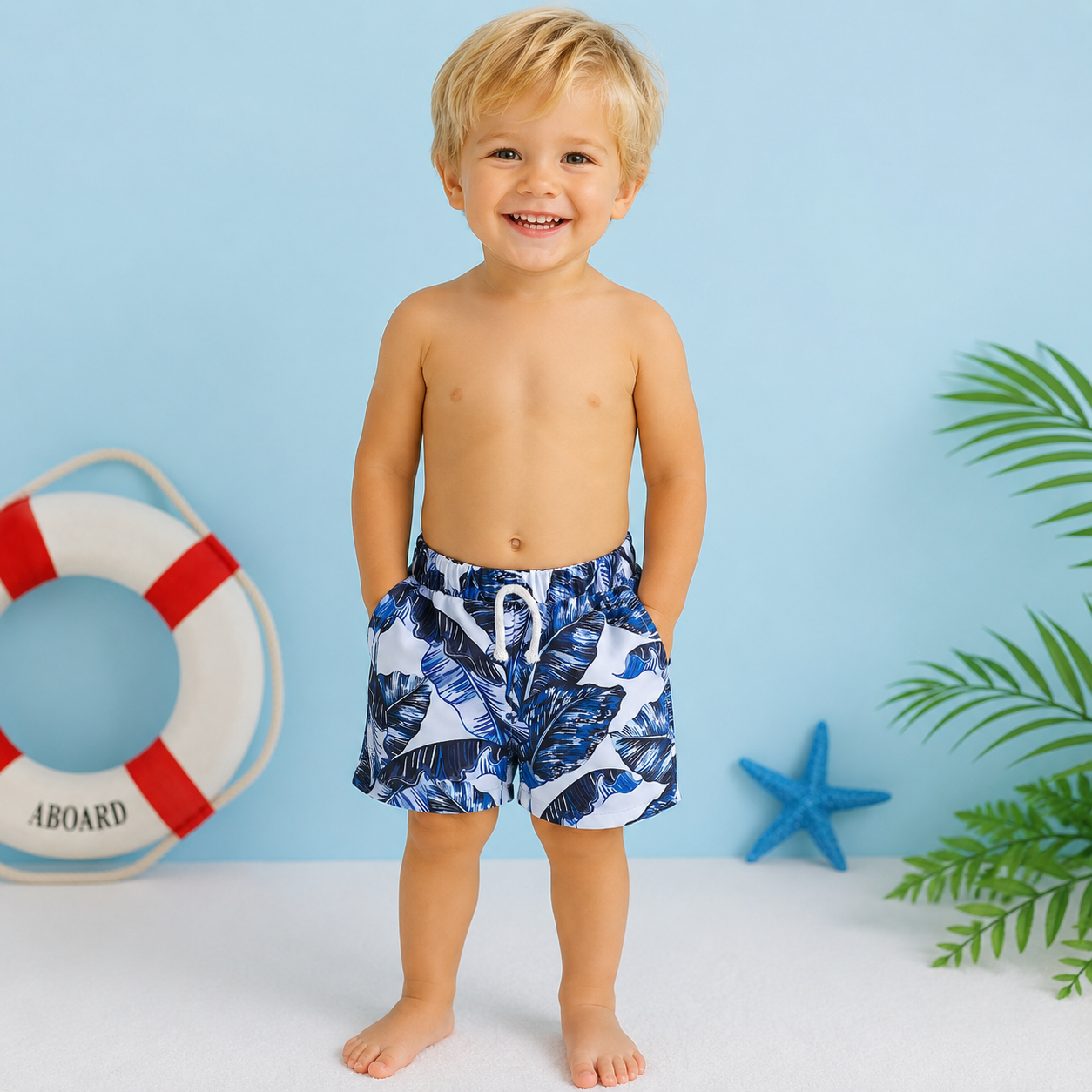 Costume Mare Bambino con Fantasia Tropicale Foglie Blu