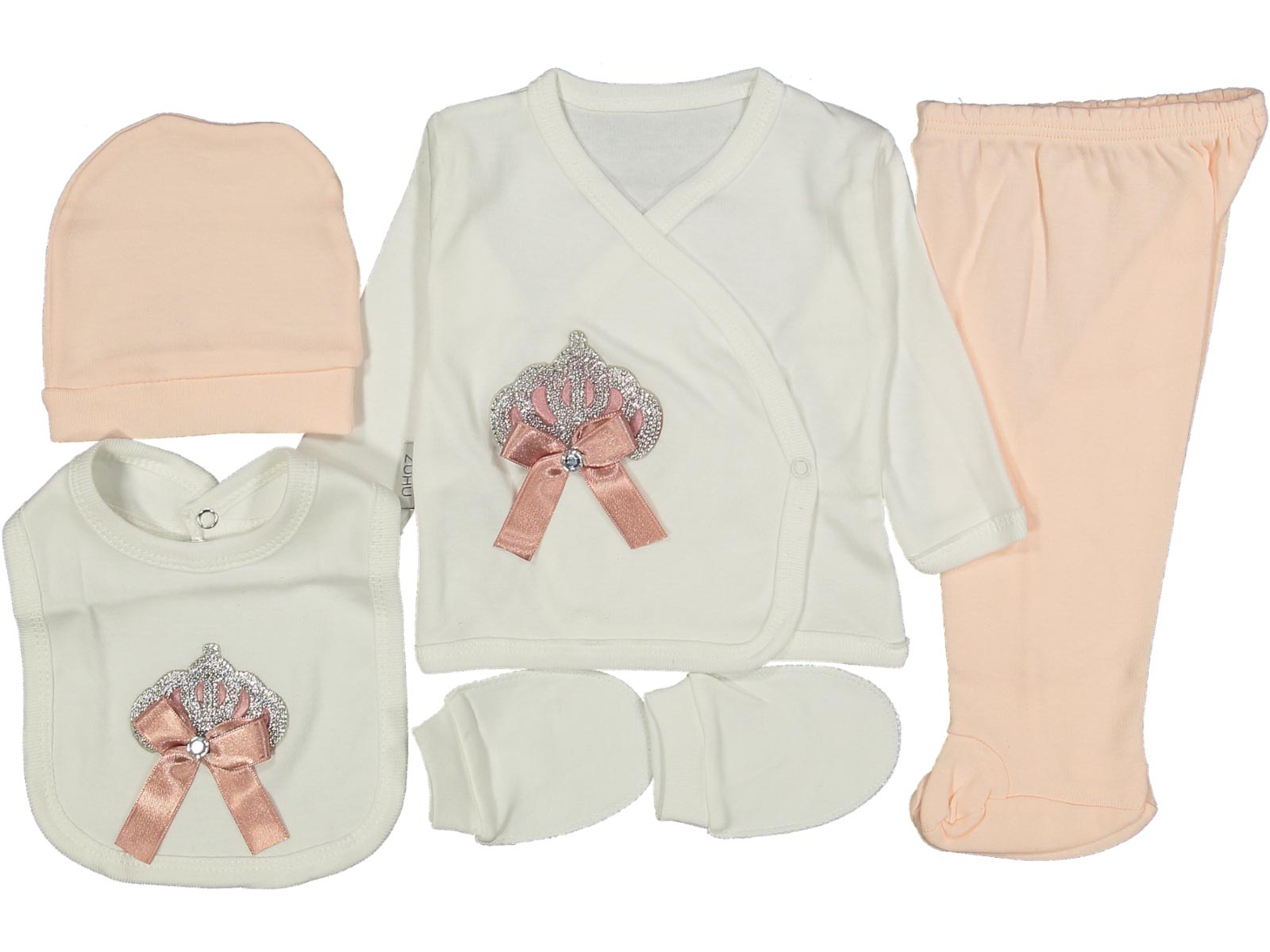 Set Neonata 5 Pezzi con Corona e Fiocco cotone