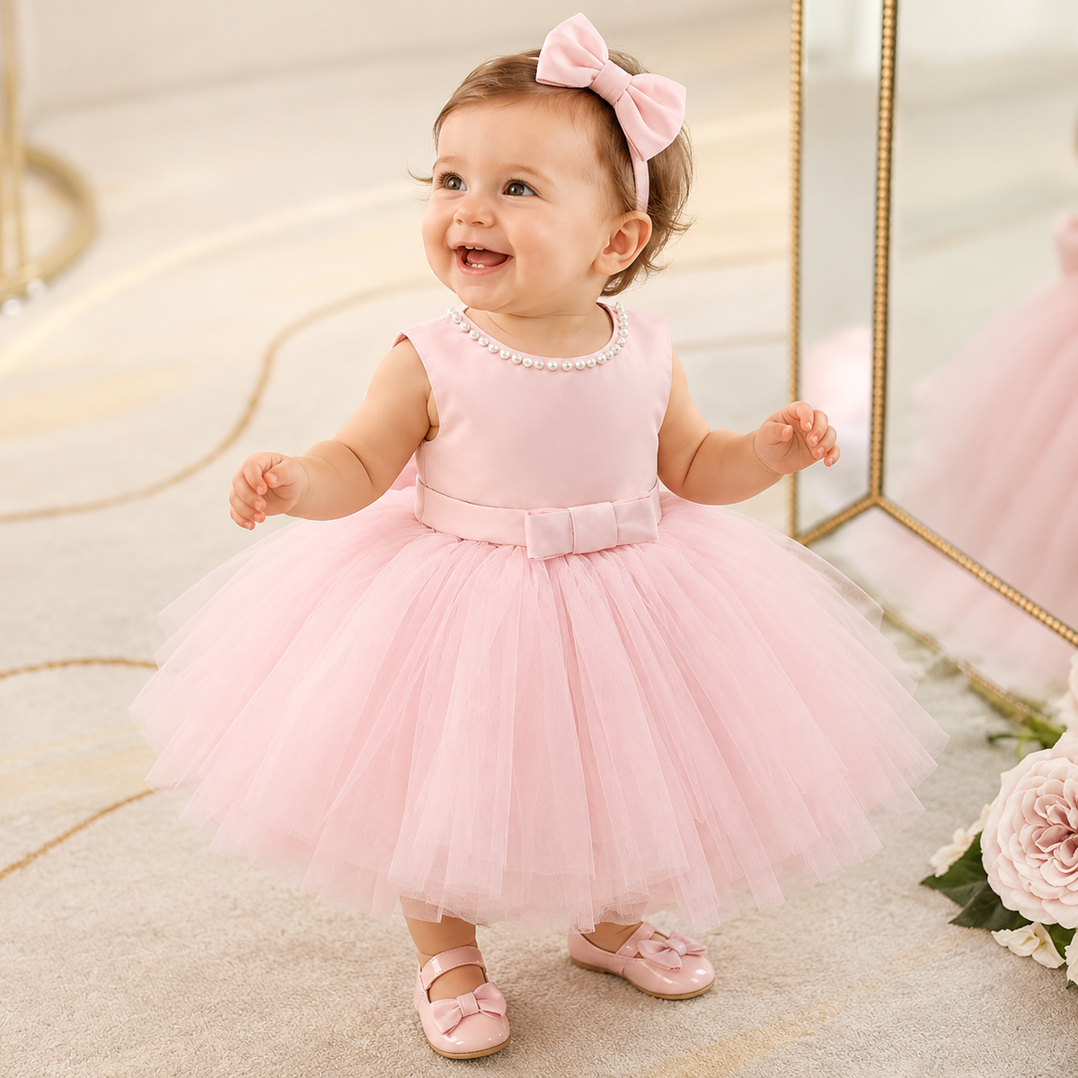 Abito da Cerimonia Bambina Rosa con Fiocco e Dettagli in Perle