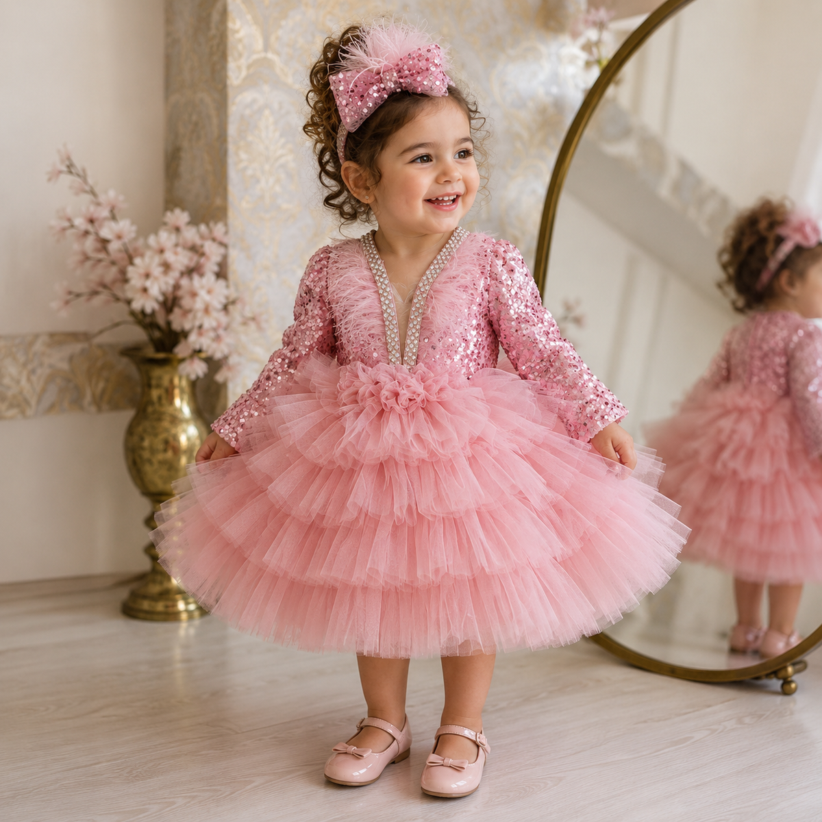 Abito Cerimonia Bambina - Tulle con Dettagli Brillanti e Piume