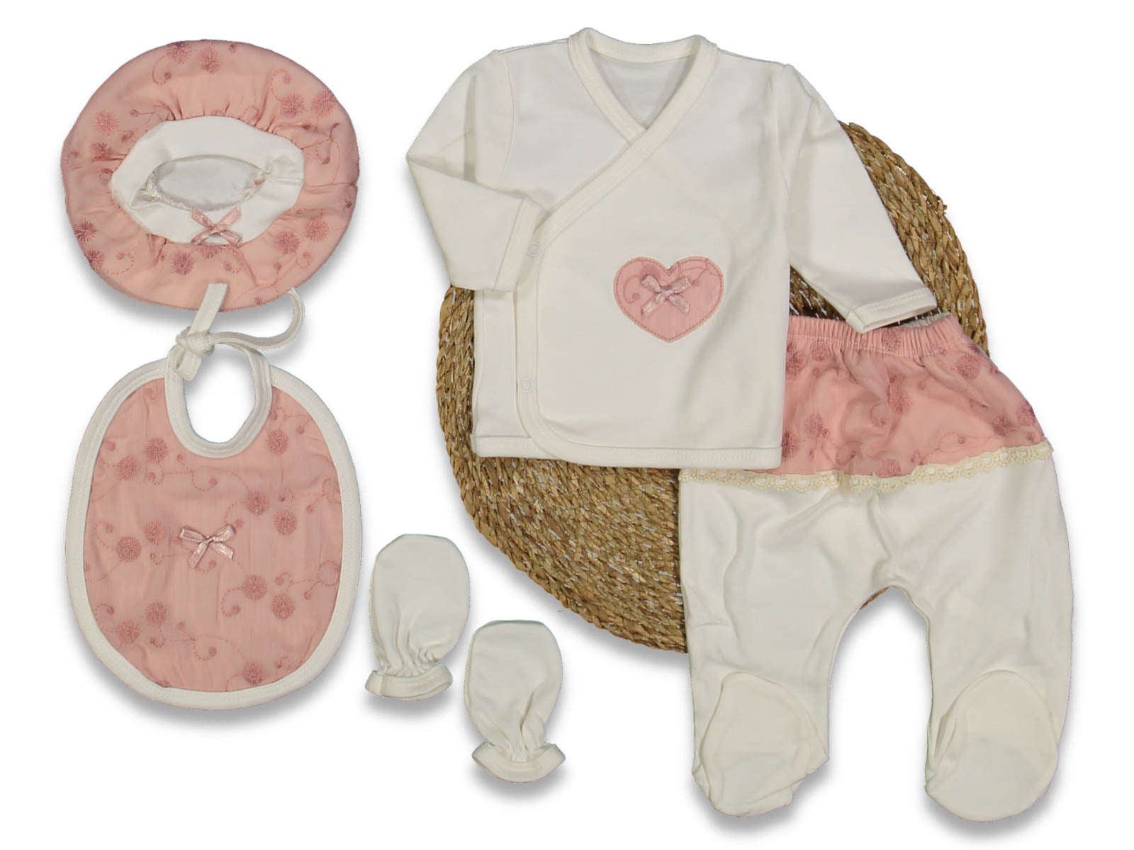 Set Neonata/Bimba 5 pezzi Nascita  Elegante con Dettagli in Pizzo Primavera/Estate