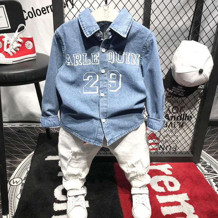 Completo Bambino Casual Sportivo  Camicia in Jeans e Jeans Strappati