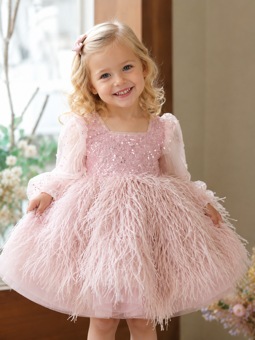 Abito da Cerimonia Bambina con Piume e Paillettes