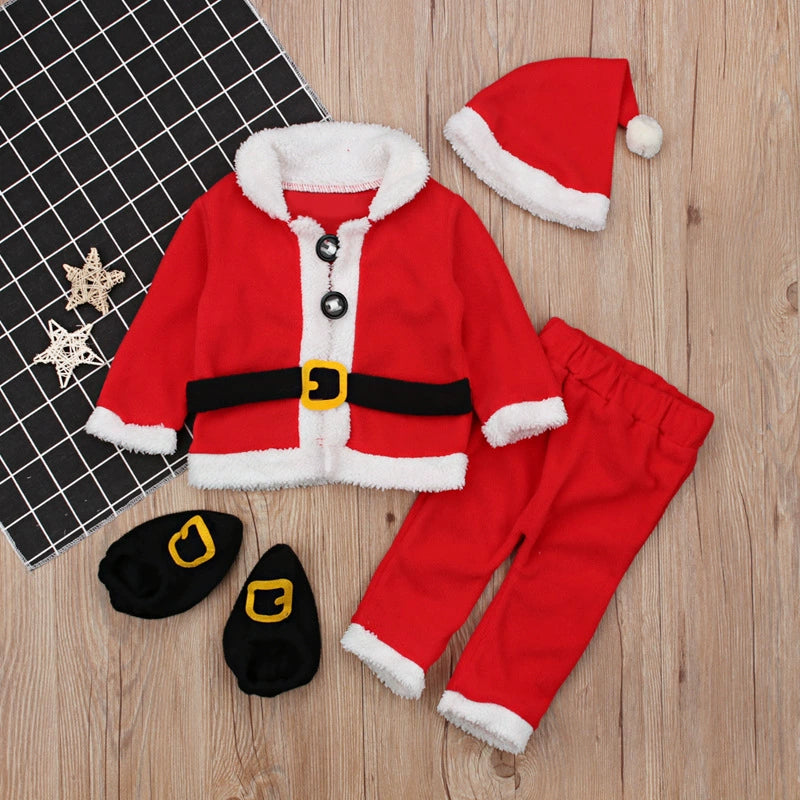 Completo Natalizio Neonato 4 pezzi – Giacca, Pantaloni, Cappellino e Scarpine – Babbo Natale
