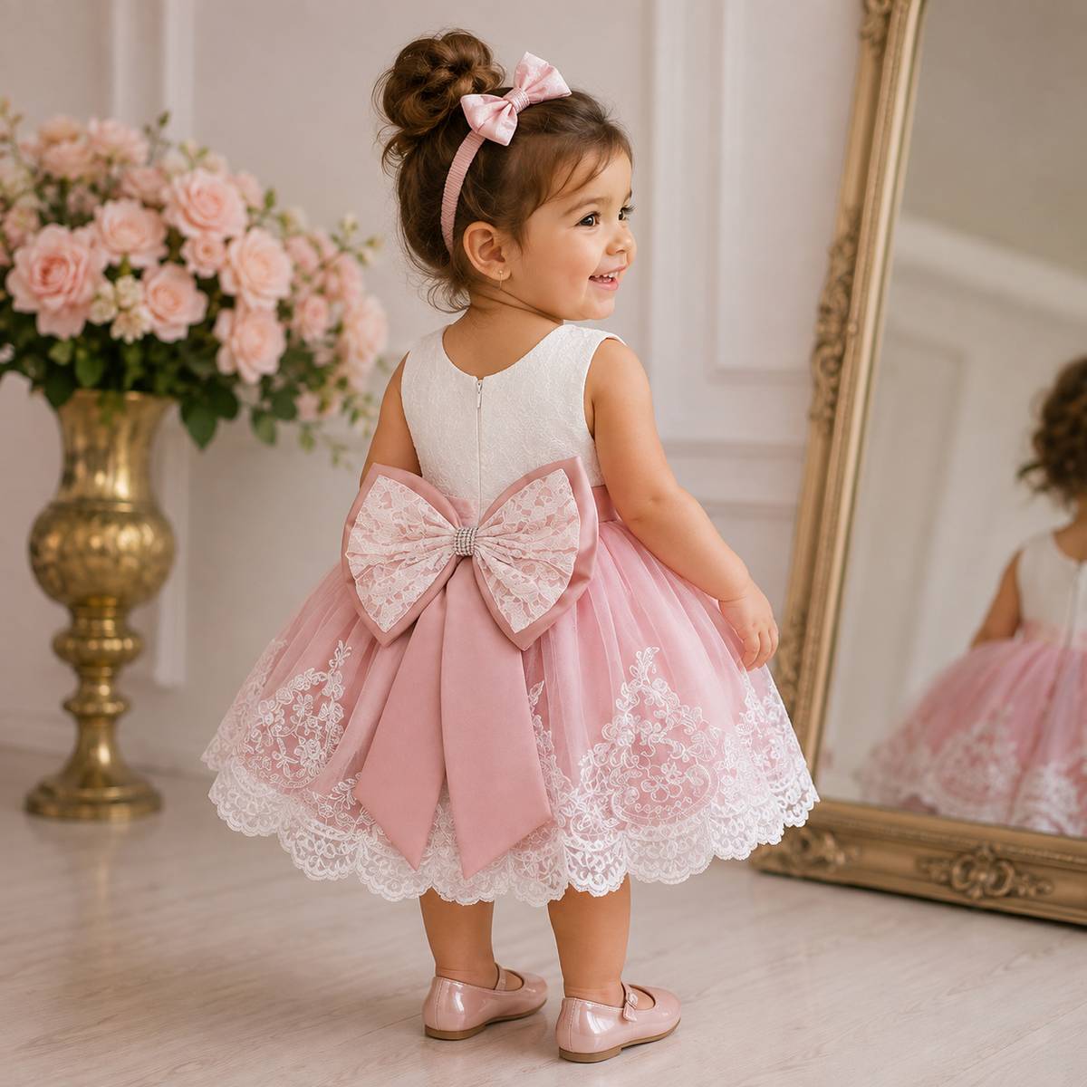 Vestito Elegante  per Bambina con Fiocco e Pizzo - Completo con Fascia Coordinata