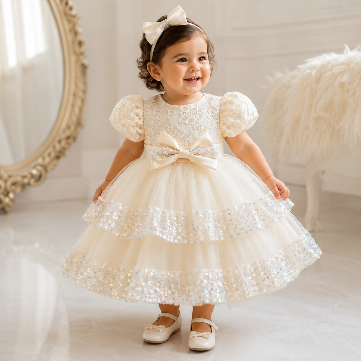 abito da Cerimonia per Bambine con Paillettes e Fiocco