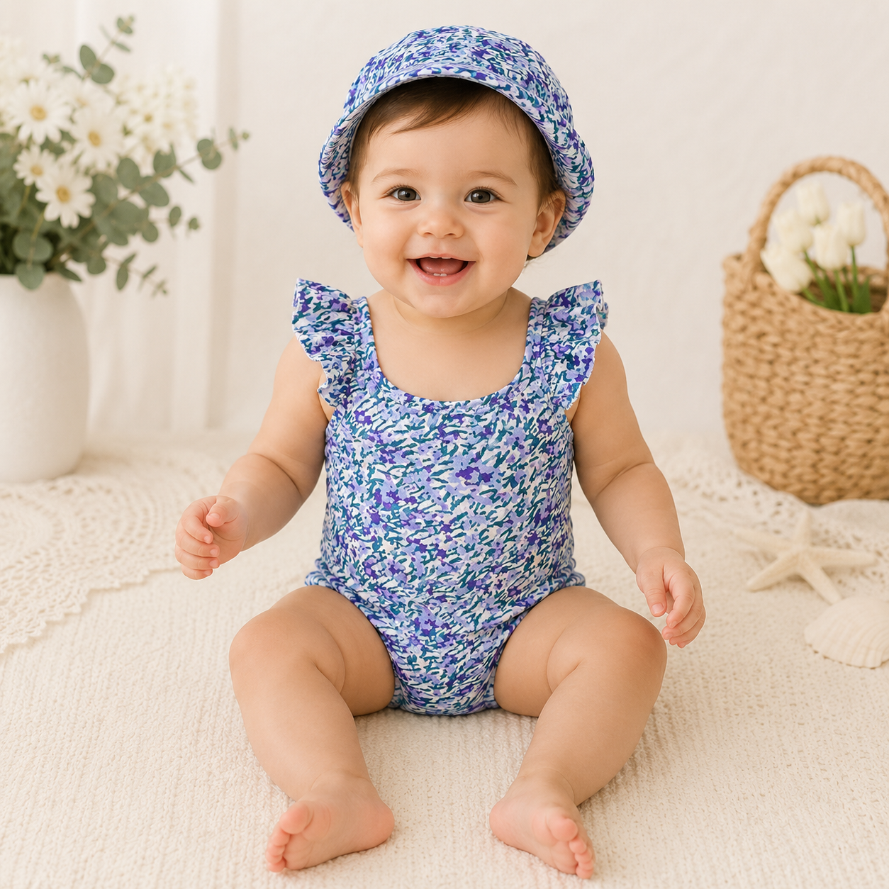 Costume Intero Bambina con Fiocco e Cuffietta – Fantasia Floreale Viola