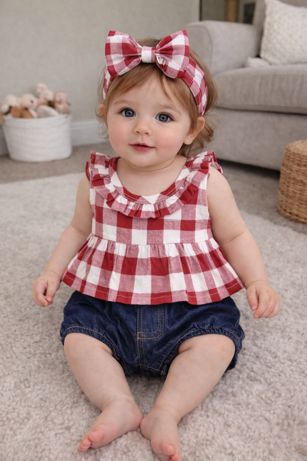 Completo Estivo Bambina 3 Pezzi  Top a Quadretti, Bloomers in Jeans e Fascia Coordinata