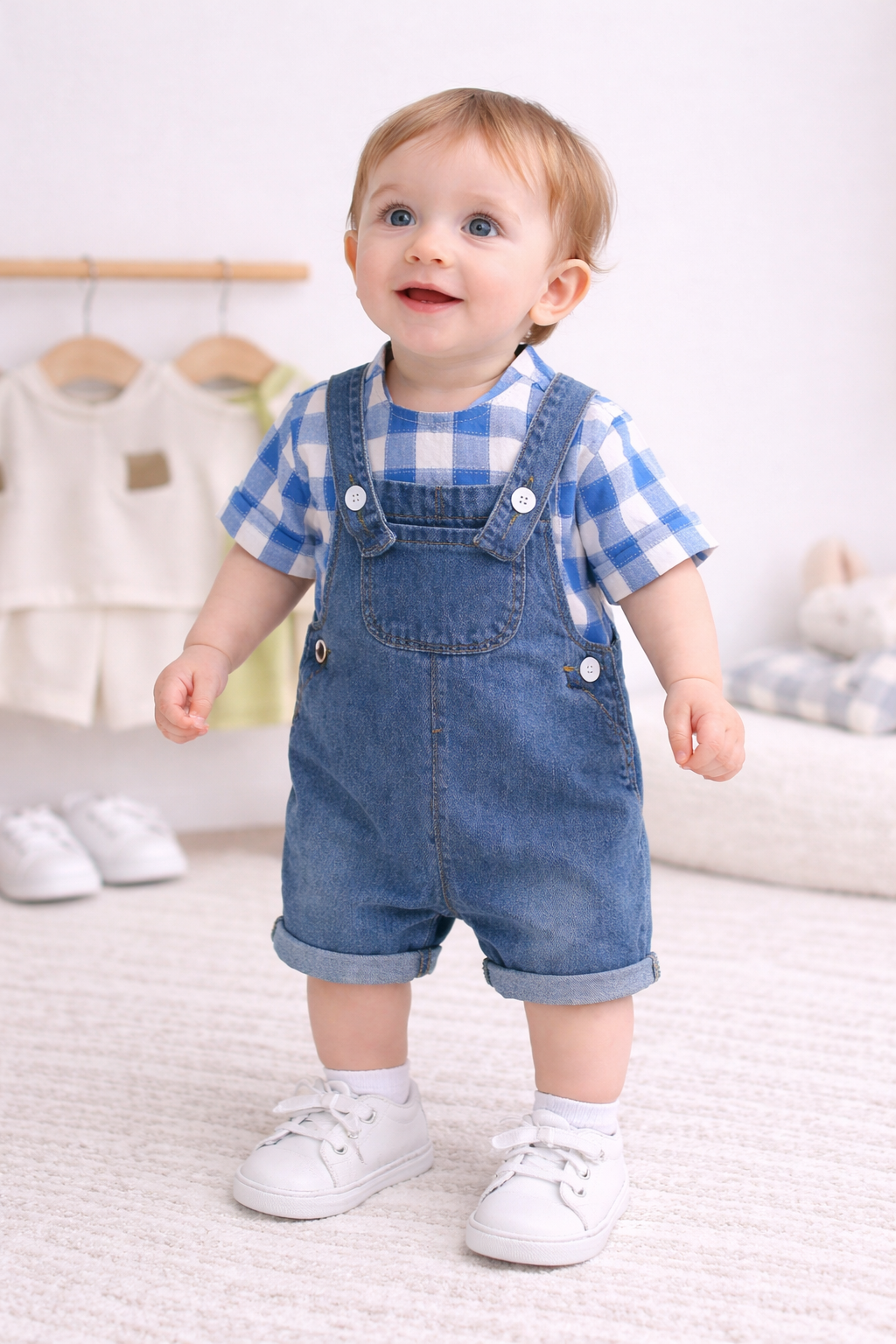 Completo Estivo Bimbo con Salopette in Jeans e Camicia a Quadri