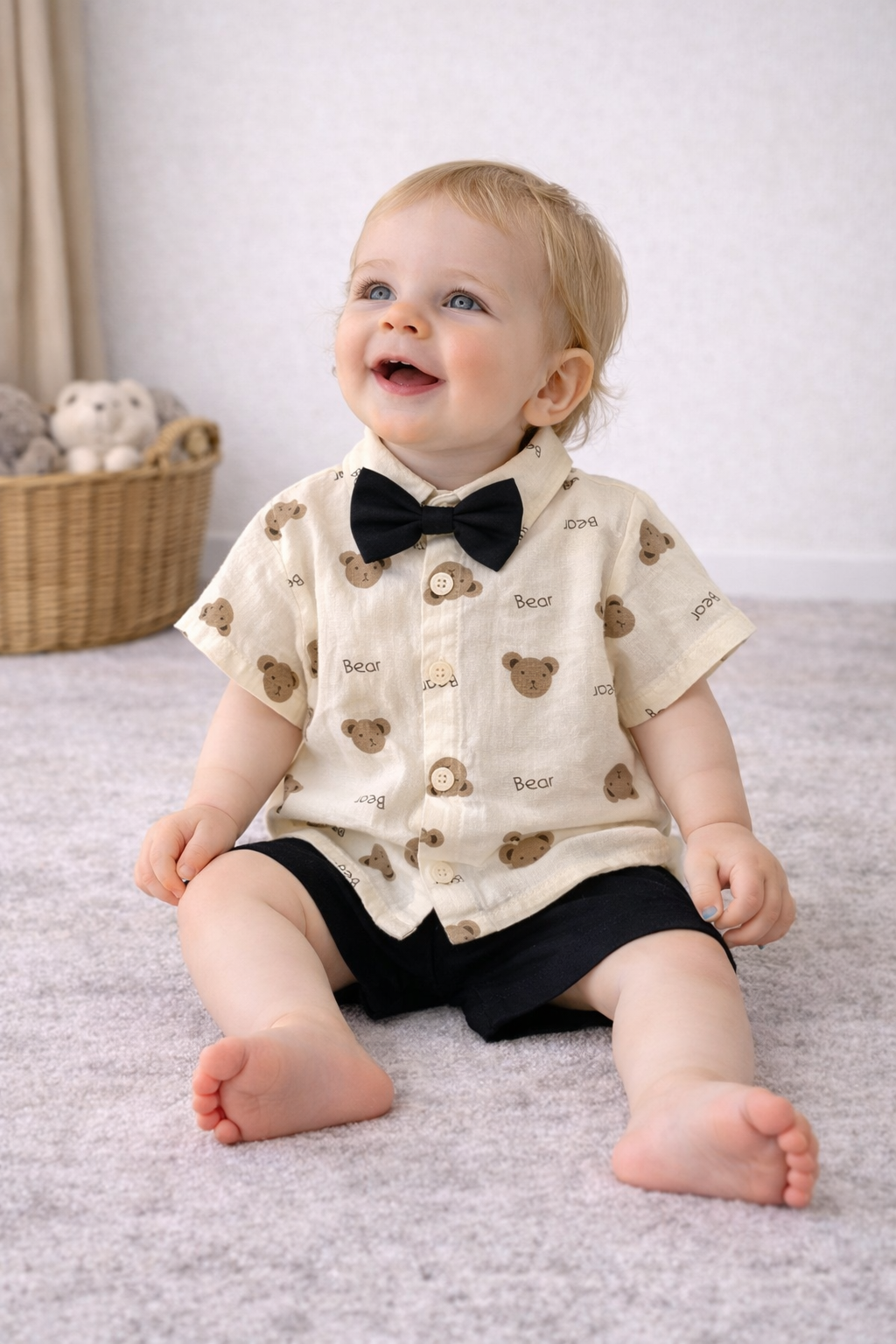 Completo estivo bimbo con camicia orsetti, papillon e pantaloncini neri
