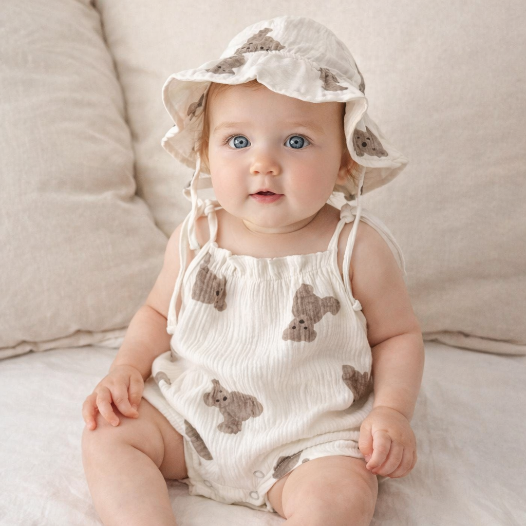 Pagliaccetto neonata cotone estivo con  cappellino stampa orsetto bear
