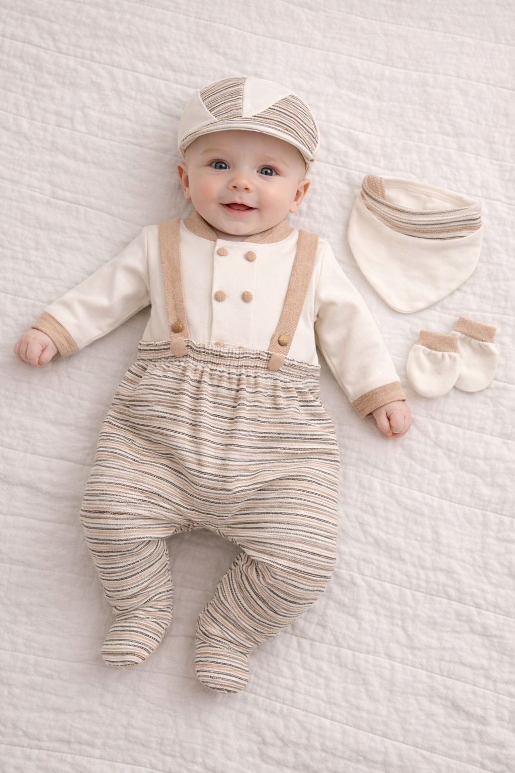 Set Neonato 5 Pezzi con Bretelle – Look Naturale Beige e Panna