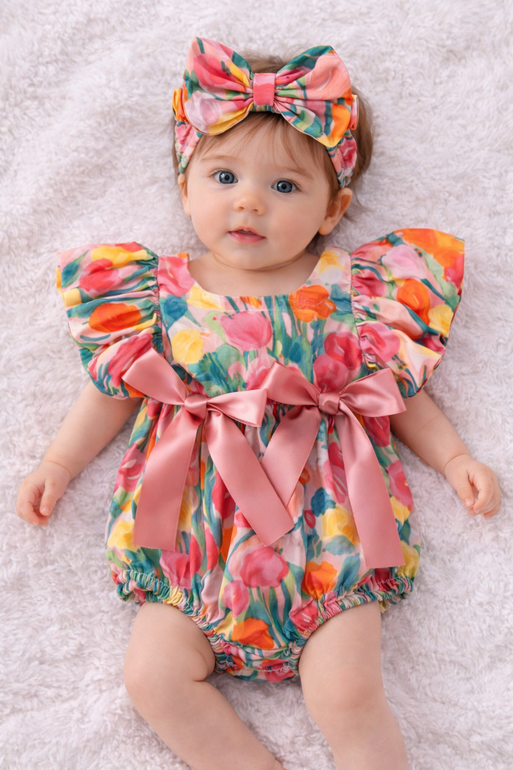 Set Pagliaccetto Floreale con Fiocco e Fascia Coordinata per Bambine estivo