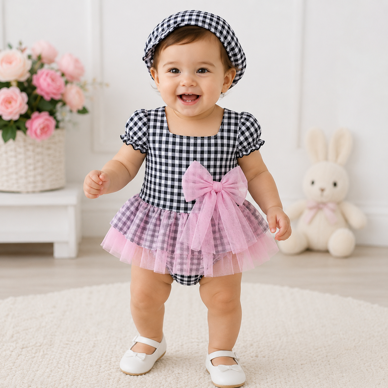 Costume Intero Bambina Vichy con Gonnellina Rosa e Fiocco – 3 Pezzi