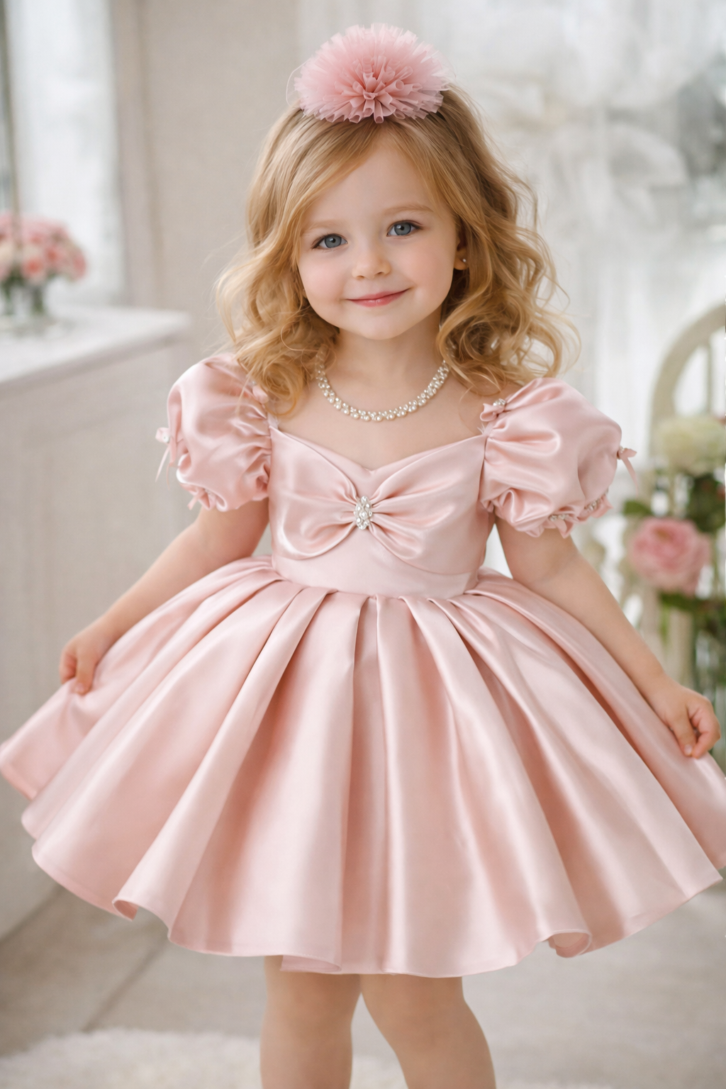 Abito da cerimonia bambina in raso rosa cipria con maniche a palloncino