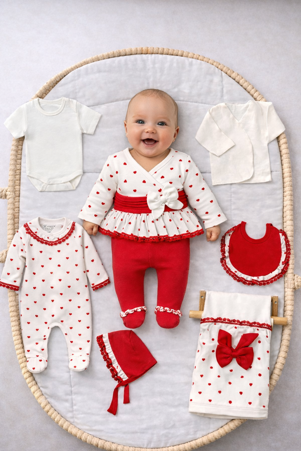 Set 10pz  bimba  100% Cotone Bianco e Rosso con Cuoricini 0-3 mesi