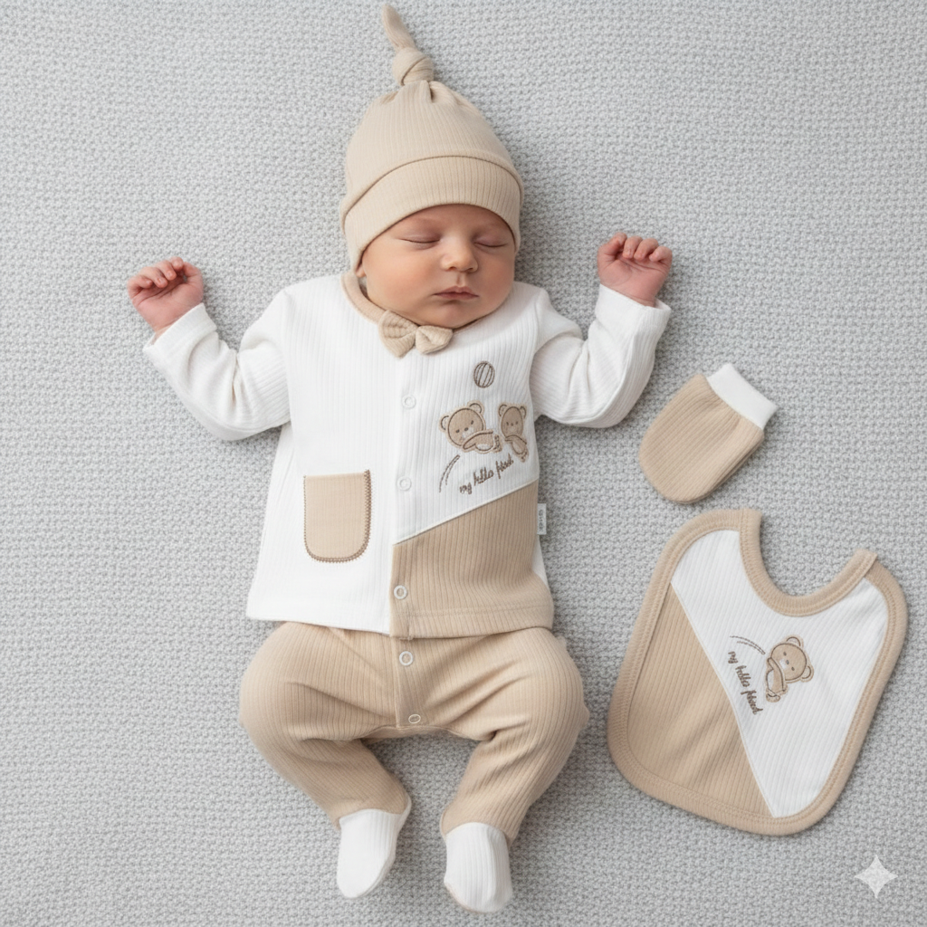 Set Nascita Neonato/ Bimbo 5 Pezzi – Orsetti con Papillon in Cotone