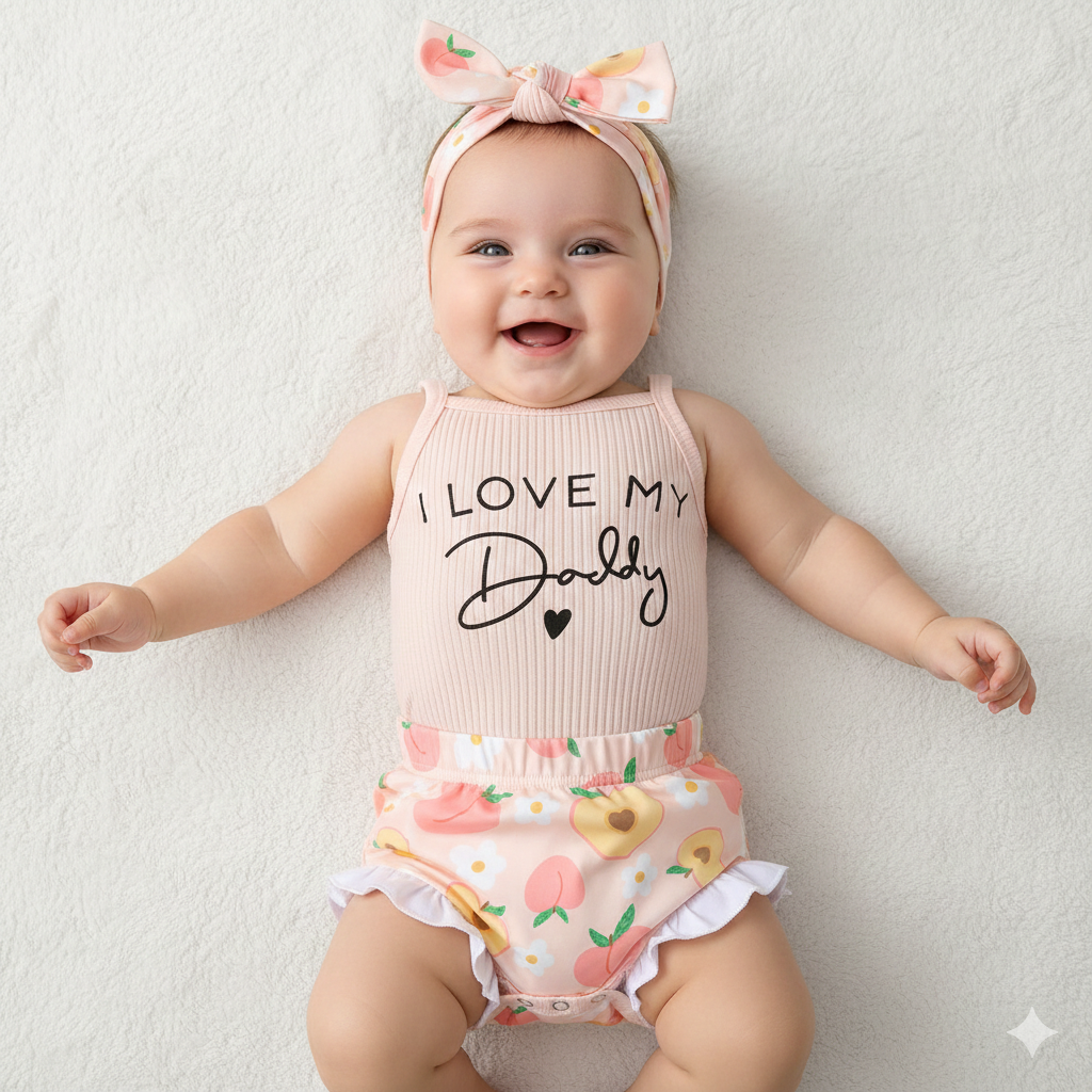 Completo Estivo Neonata  Body "Daddy’s Girl", Shorts a Fiori e Fascia