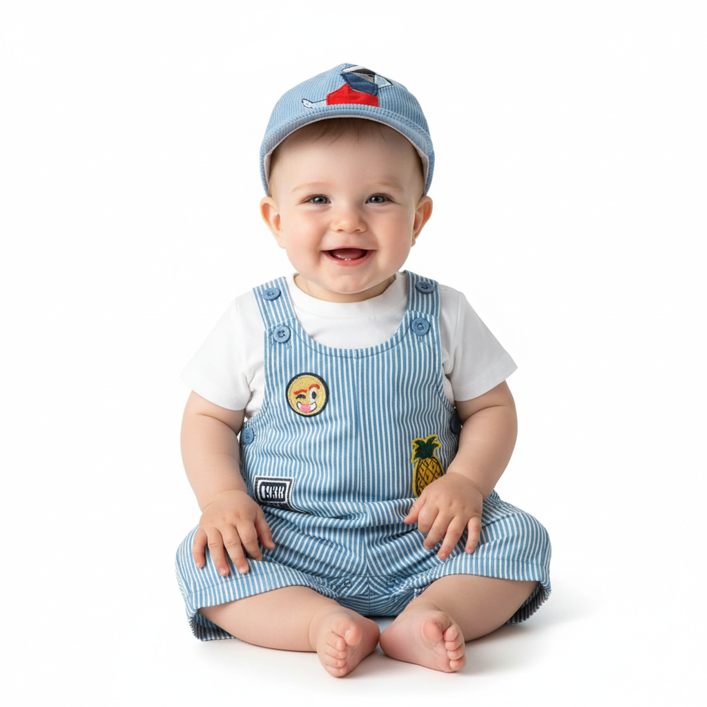 Pagliaccetto estivo bambino: salopette a righe con patch + t-shirt + cappellino