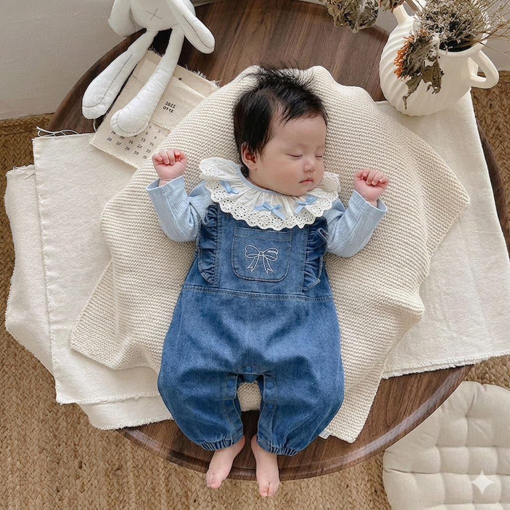 Completo bimba “Denim & Pizzo” – 2 pezzi: blusa azzurra con colletto ricamato e salopette in jeans
