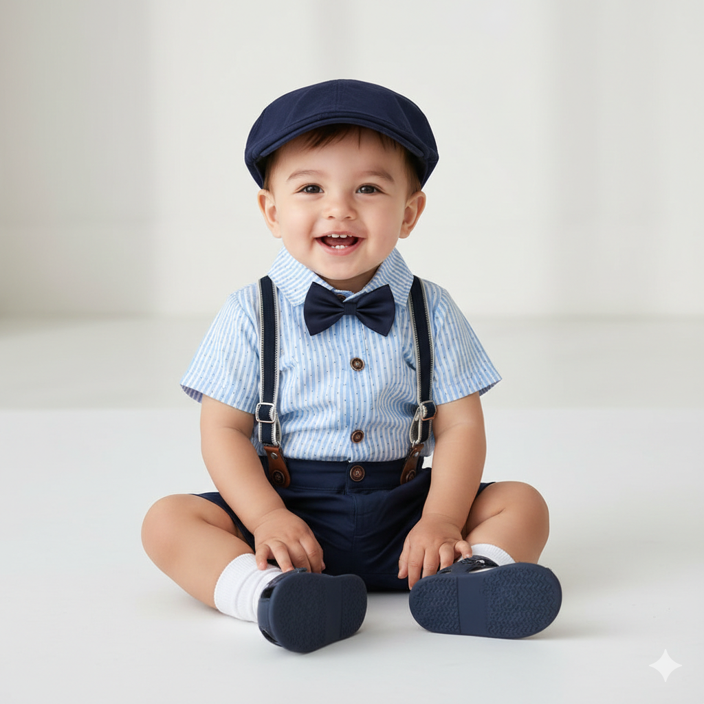 Completo elegante bimbo con camicia, pantaloncini, papillon e accessori