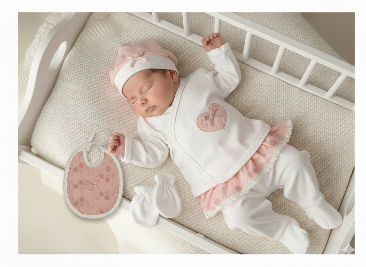 Set Neonata/Bimba 5 pezzi Nascita  Elegante con Dettagli in Pizzo Primavera/Estate