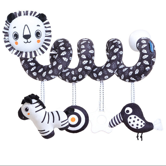 Spirale per Passeggino e Culla – Giochi Sensoriali in Stoffa Bianco e Nero con Sonagli e Peluche