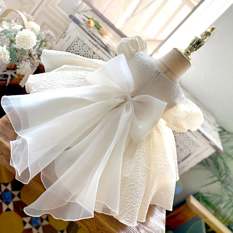 Abito Elegante Bambina in Pizzo Avorio con Fiocco in Organza