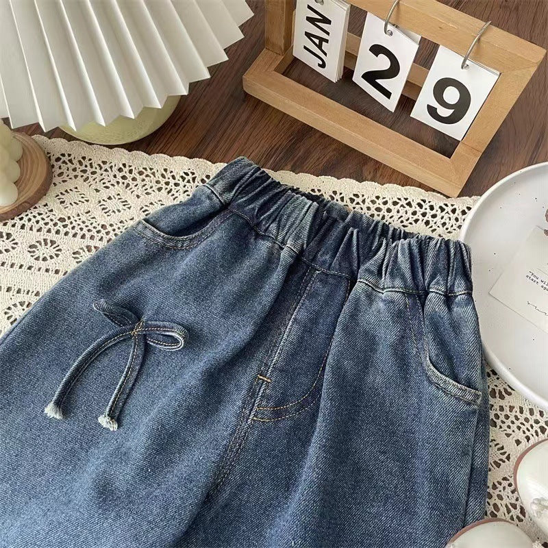 Jeans bimba in denim con fiocchi